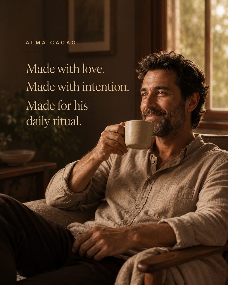 Man sipping Alma cacao by the window