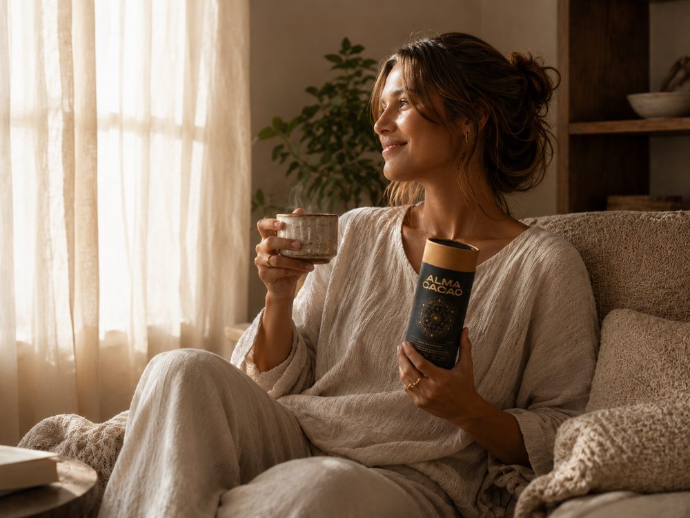 Woman enjoying Alma cacao by the window